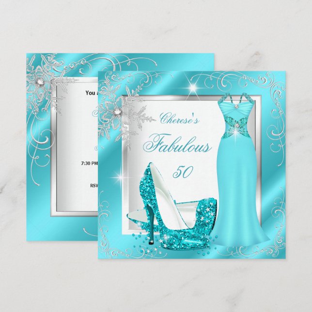 Fabulous 50 Party Teal Blue Silver Dress Heels S11 Invitation (Front/Back)