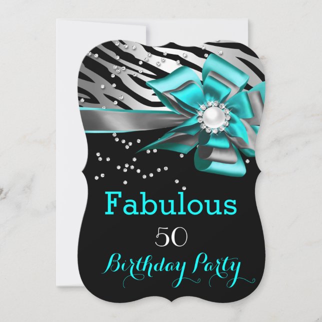 Fabulous 50 Party Teal Zebra Black Silver Pearl Invitation (Front)