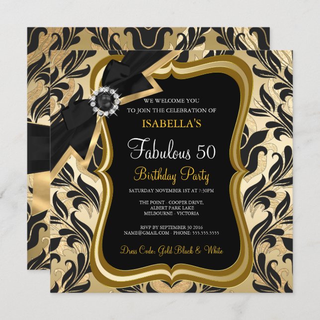 Fabulous 50 Pearl Gold Bow Black Damask Invite (Front/Back)