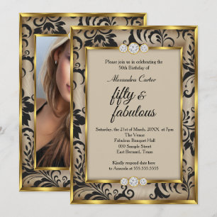 Fabulous 50 Photo Beige Black Damask Gold birthday Invitation