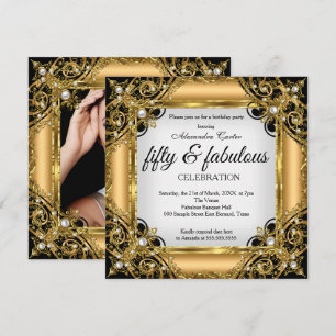 Fabulous 50 Photo Black White Gold Birthday Party Invitation