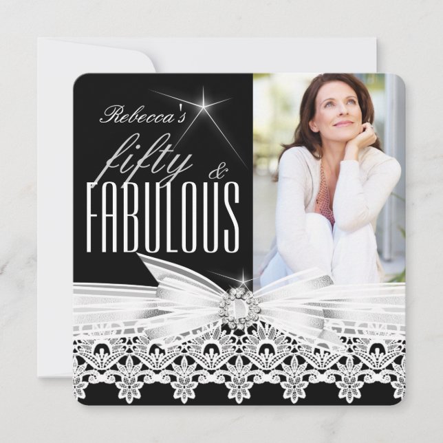 Fabulous 50 Photo Black White Lace 50th Birthday 2 Invitation (Front)