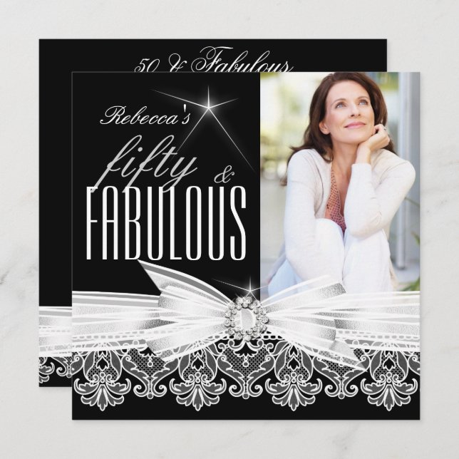 Fabulous 50 Photo Black White Lace 50th Birthday Invitation (Front/Back)