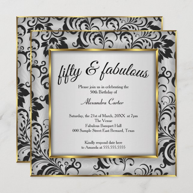 Fabulous 50 Photo Gold grey Black Damask birthday Invitation (Front/Back)