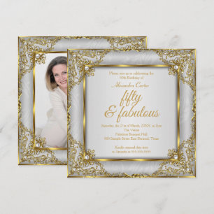 Fabulous 50 Photo Gold grey Pearl birthday Party Invitation