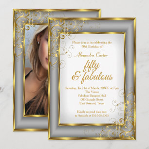 Fabulous 50 Photo Gold grey silver birthday party Invitation