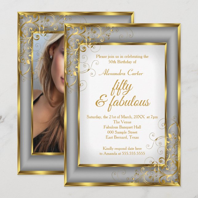Fabulous 50 Photo Gold grey silver birthday party Invitation (Front/Back)