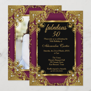 Fabulous 50 Photo Plum Gold Pearl Birthday Party Invitation