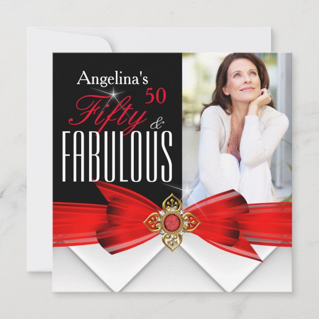 Fabulous 50 Photo Red Gold Elegant Modern Birthday Invitation (Front)