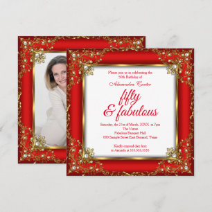 Fabulous 50 Photo Red Gold Pearl birthday Party Invitation