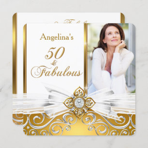 Fabulous 50 Photo White Gold Damask Birthday Party Invitation