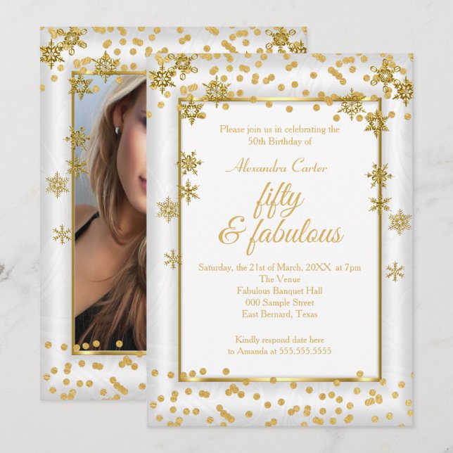 Fabulous 50 Photo White Gold Snowflake party Invitation (Front/Back)