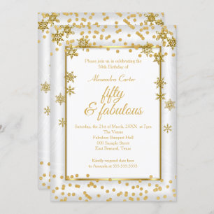 Fabulous 50 Photo White Gold Snowflake party Invitation