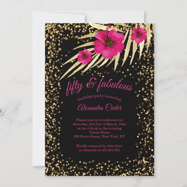 Fabulous 50 Pink Black Gold Sparkle  Birthday Invitation (Front)