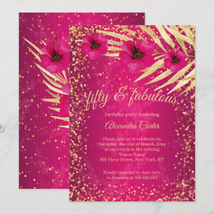 Fabulous 50 Pink Gold Sparkle Floral Birthday Invitation