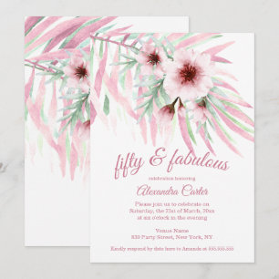 Fabulous 50 Pink Green Flowers white Watercolor Invitation