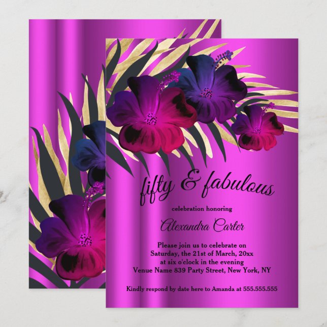 Fabulous 50 PInk Plum Purple Gold Hibiscus party Invitation (Front/Back)