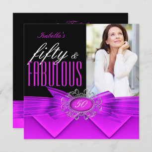 Fabulous 50 Pink Purple Black Photo Birthday Party Invitation