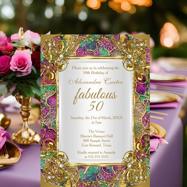 Fabulous 50 Pink teal Golden Pearl birthday party  Invitation (Creator Uploaded)