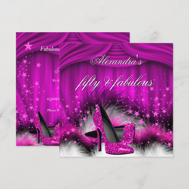 Fabulous 50 Plum Pink High Heels Feathers Birthday Invitation (Front/Back)