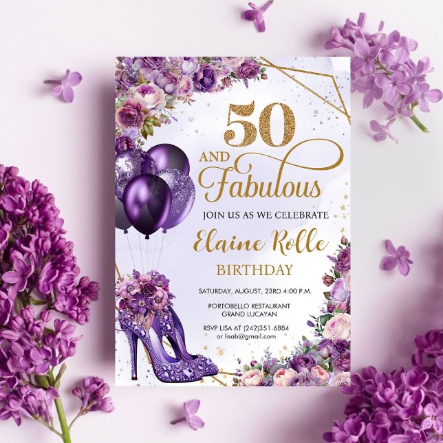 Fabulous 50 Purple Girl Modern 50th Birthday Invitation (Creator Uploaded)
