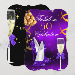 Fabulous 50 Purple Gold Heels Champagne Party Invitation