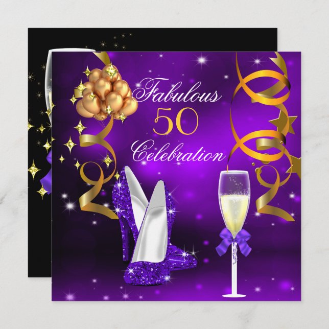 Fabulous 50 Purple Gold Heels Champagne Party Invitation (Front/Back)