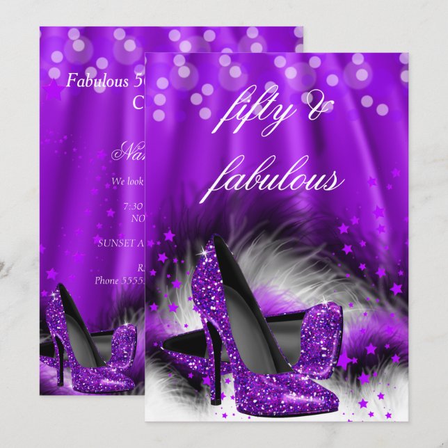 Fabulous 50 Purple Stars High Heels Birthday 2 Invitation (Front/Back)
