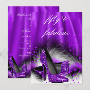 Fabulous 50 Purple Stars High Heels Birthday Party Invitation