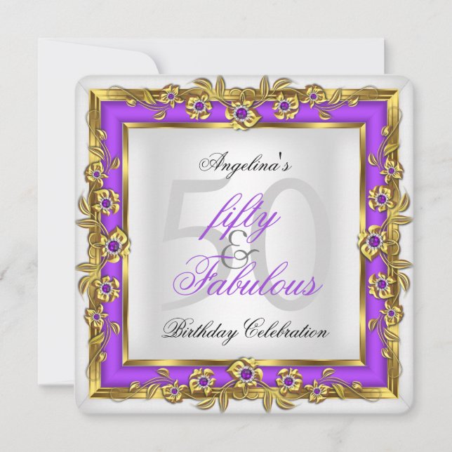 Fabulous 50 Purple White Gold Birthday Party Invitation (Front)