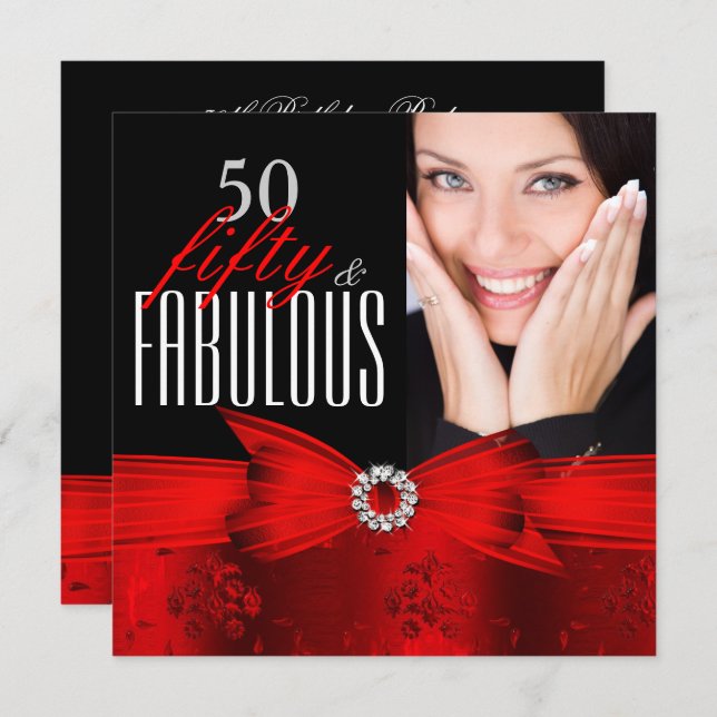 Fabulous 50 Red Black Photo Birthday Party Invitation (Front/Back)