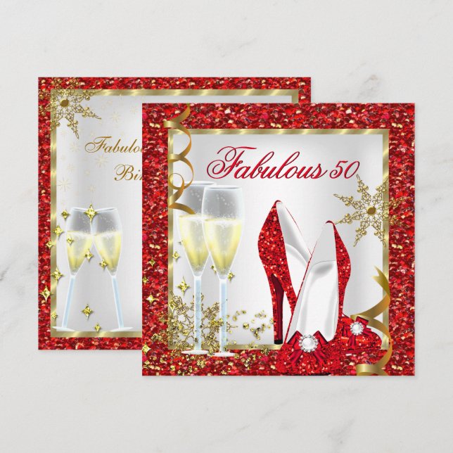 Fabulous 50 Red Glitter Gold Birthday Party Invitation (Front/Back)