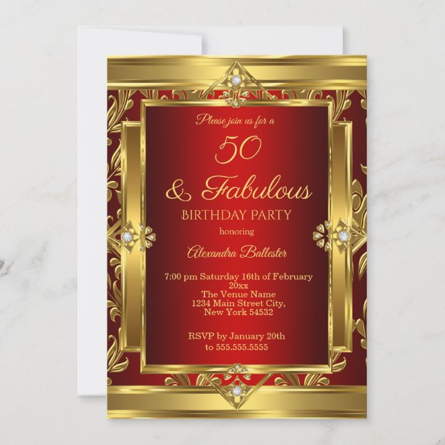 Fabulous 50 Red Gold Damask Birthday Party Invitation (Front)