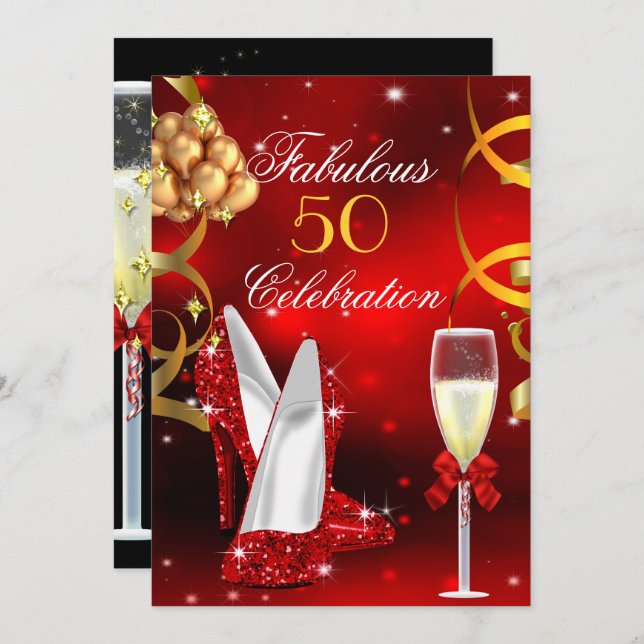 Fabulous 50 Red Gold High Heel Champagne Party Invitation (Front/Back)