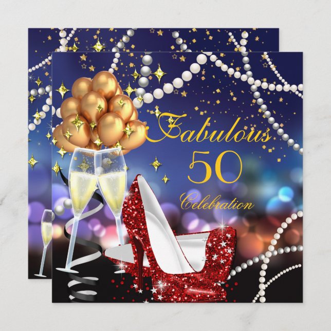Fabulous 50 Red Heels Champagne Birthday Party Invitation (Front/Back)
