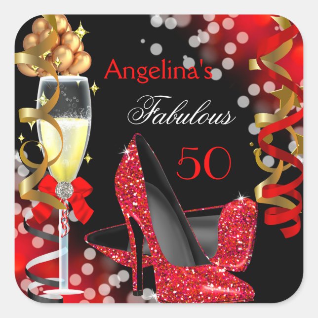 Fabulous 50 Red Heels Gold Bubbles Birthday Party Square Sticker (Front)