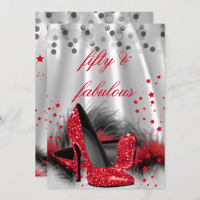 Fabulous 50 Red High Heels Black Silver Birthday 2 Invitation (Front/Back)