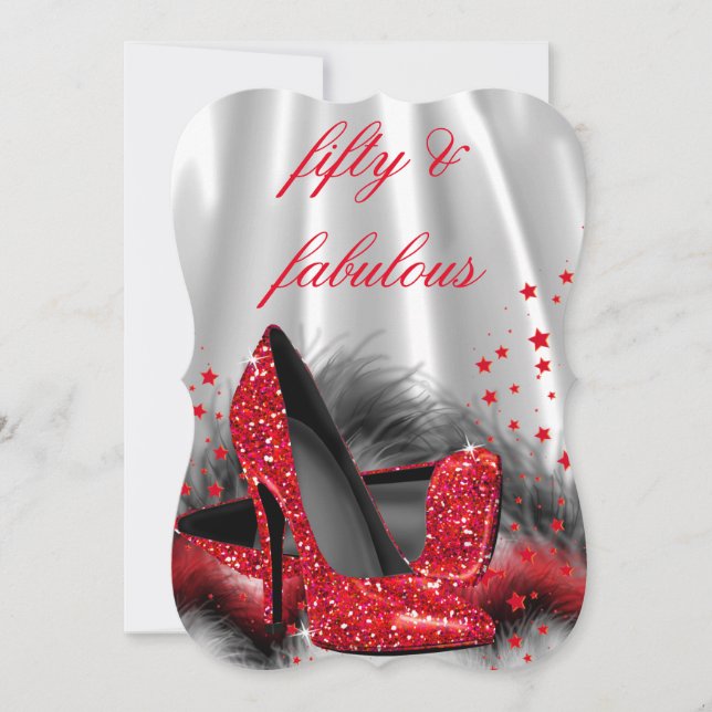 Fabulous 50 Red High Heels Black Silver Birthday Invitation (Front)