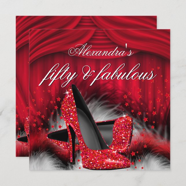 Fabulous 50 Red High Heels Feathers Birthday Invitation (Front/Back)