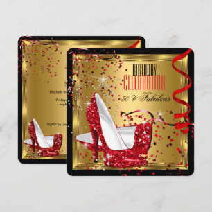 Fabulous 50 Red High Heels Gold Birthday Party Invitation