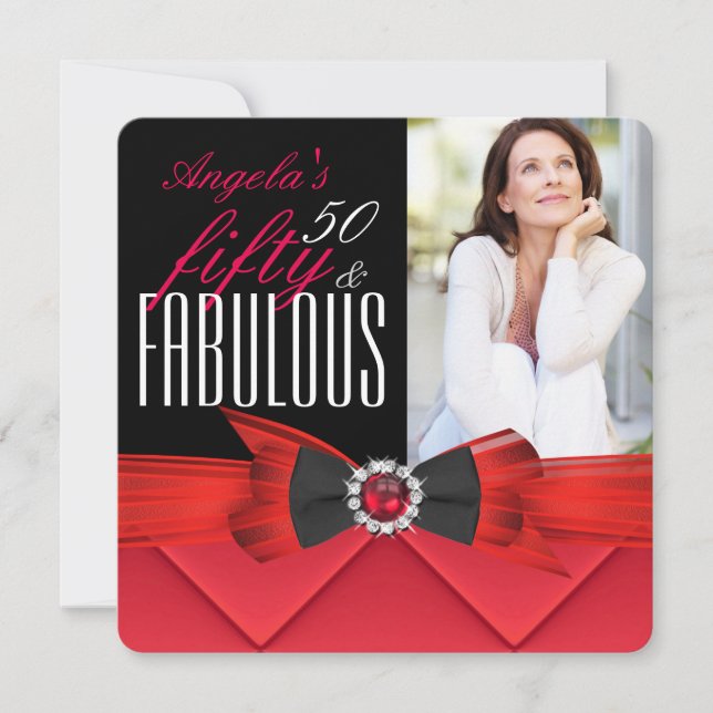 Fabulous 50 Red Jewel Photo Birthday Party Invitation (Front)