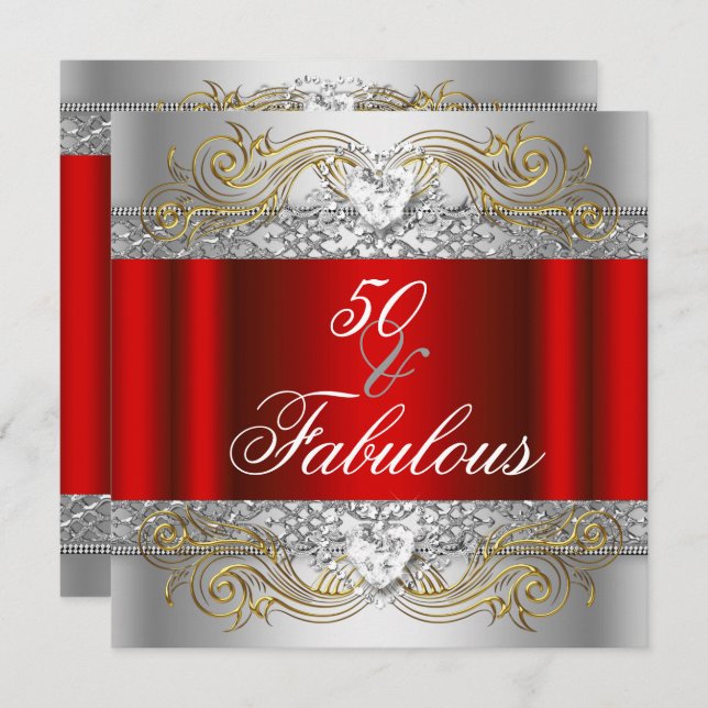 Fabulous 50 Red Silver Gold 50th Birthday Party Invitation (Front/Back)