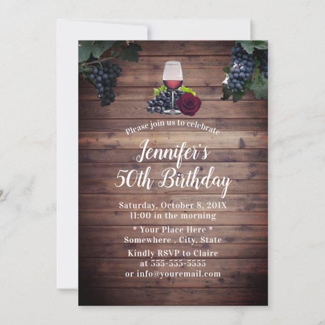 Fabulous 50 Red Wine Rustic Vineyard Birthday Invitation (Front)