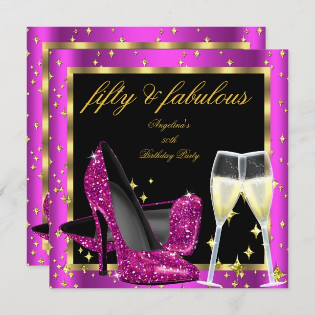Fabulous 50 Rich Pink Champagne Heels Birthday Invitation (Front/Back)