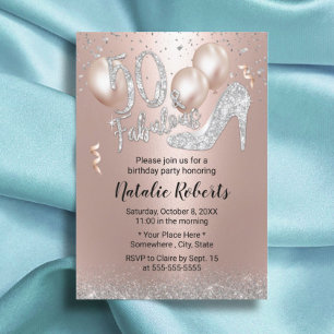 Fabulous 50 Rose Gold Balloon High Heel Birthday Invitation
