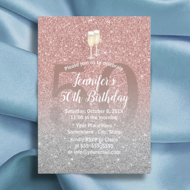 Fabulous 50 Rose Gold & Silver Glitter Birthday Invitation (Creator Uploaded)