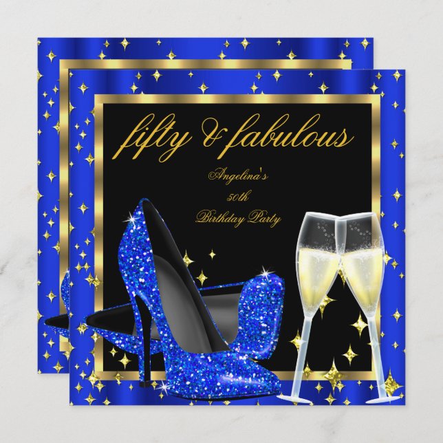 Fabulous 50 Royal Blue Champagne Heels Birthday Invitation (Front/Back)