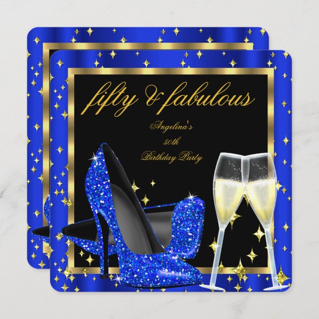 Fabulous 50 Royal Blue Champagne Heels Birthday Invitation (Front/Back)