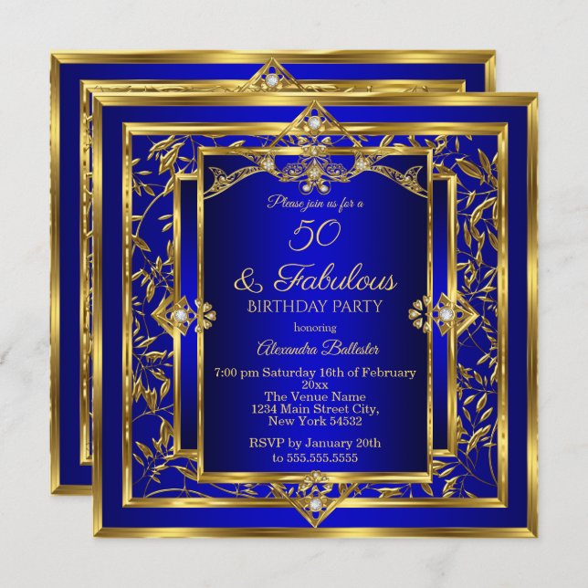 Fabulous 50 Royal Blue Gold Damask Birthday Party Invitation (Front/Back)