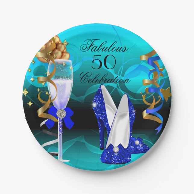 Fabulous 50 Royal Blue Teal Gold Birthday Party Paper Plate (Front)
